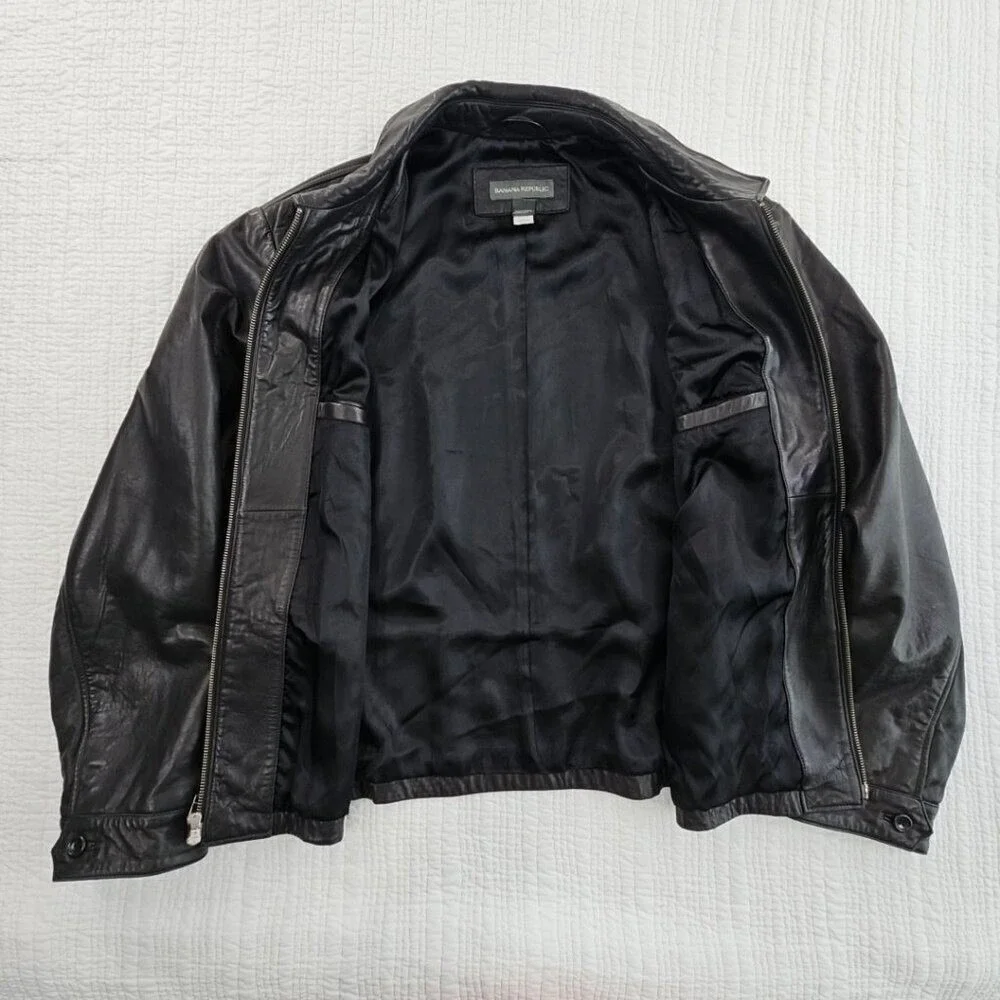 Banana Republic Full Zip Leather Jacket Men's XL‎ Jet Black Long Sleeves EUC LN